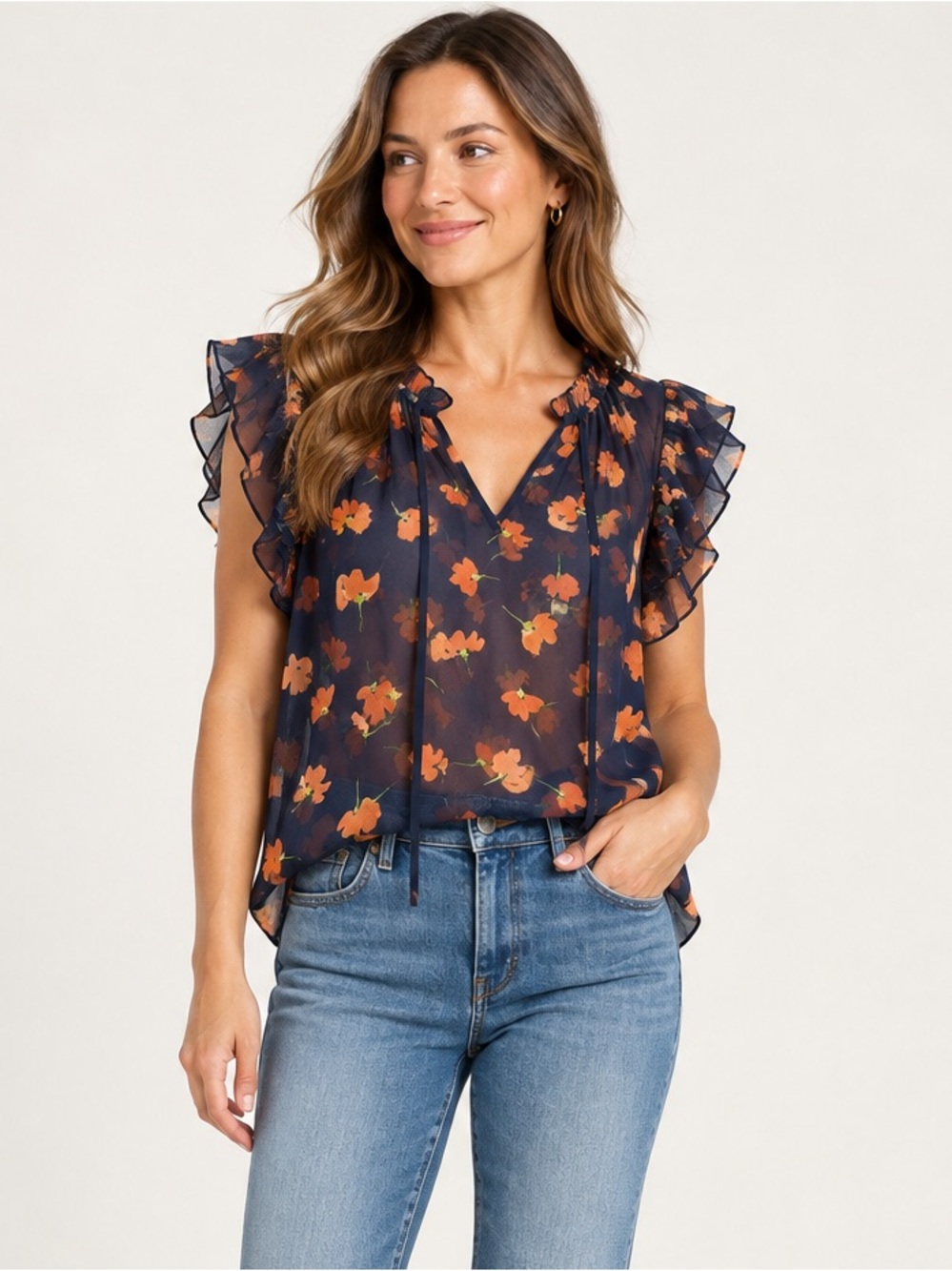 Cabi Women’s Size Small Navy Orange Floral Sheer Chiffon Ruffle Sleeve